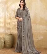 Grey Satin Embroidery With Sequence Work Saree with Unstitched Shrug and Blouse