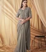 Grey Satin Embroidery With Sequence Work Saree with Unstitched Shrug and Blouse
