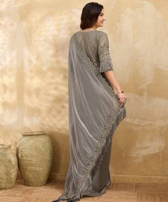 Grey Satin Embroidery With Sequence Work Saree with Unstitched Shrug and Blouse 2