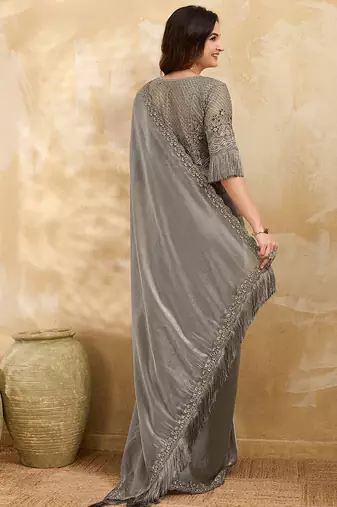 Grey Satin Embroidery With Sequence Work Saree with Unstitched Shrug and Blouse