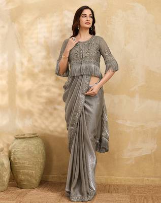 Grey Satin Embroidery With Sequence Work Saree with Unstitched Shrug and Blouse 3
