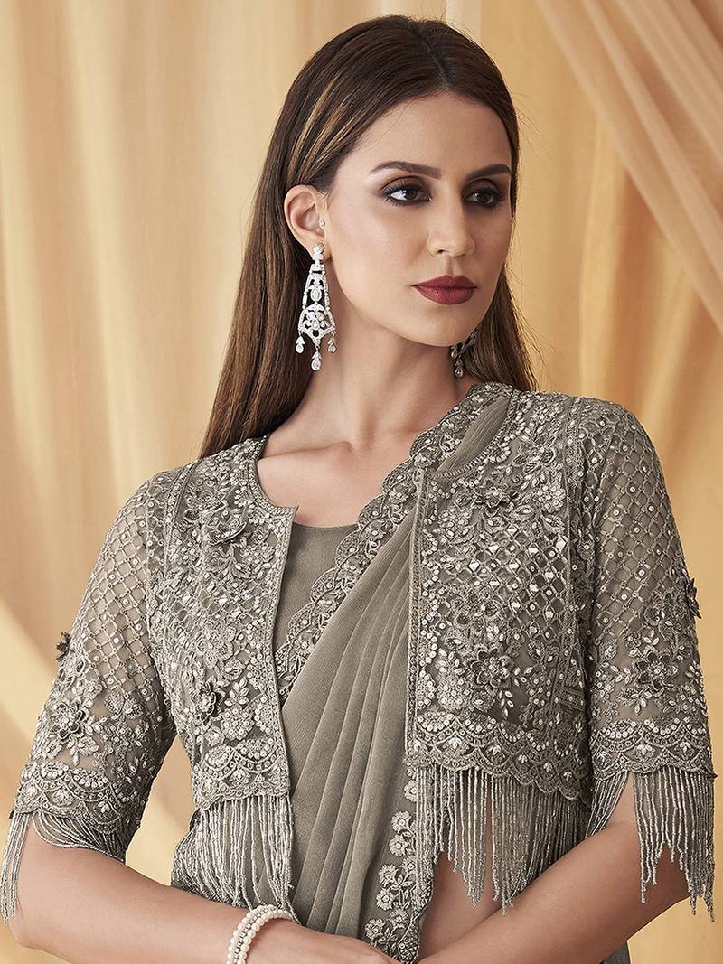 Grey Satin Embroidery With Sequence Work Saree with Unstitched Shrug and Blouse
