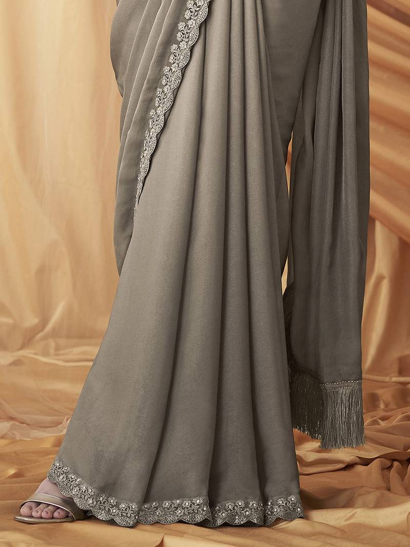 Grey Satin Embroidery With Sequence Work Saree with Unstitched Shrug and Blouse
