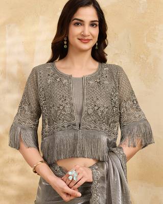 Grey Satin Embroidery With Sequence Work Saree with Unstitched Shrug and Blouse 4