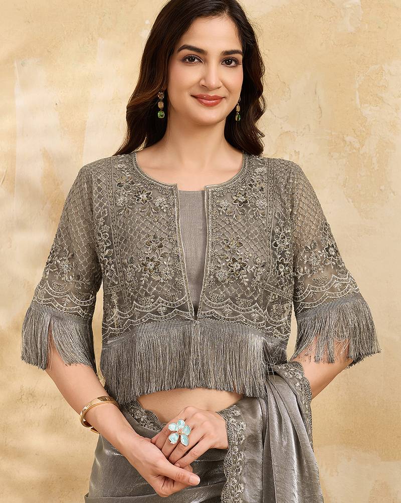 Grey Satin Embroidery With Sequence Work Saree with Unstitched Shrug and Blouse