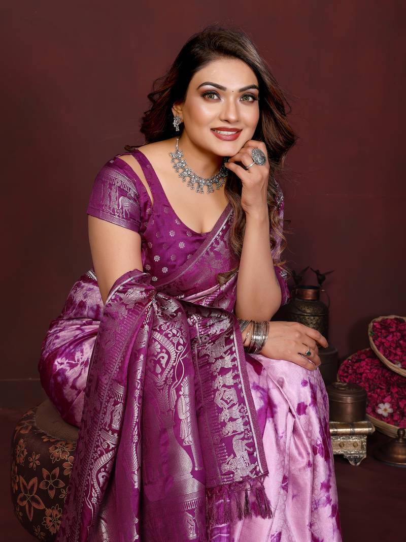 Plum Color With Zari Weaving Sibory Soft Satin Silk Saree