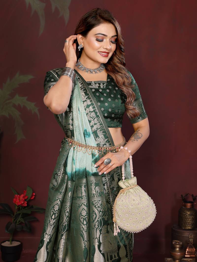 Dark GreenColor With Zari Weaving Sibory Soft Satin Silk Saree