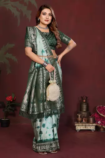 Dark GreenColor With Zari Weaving Sibory Soft Satin Silk Saree