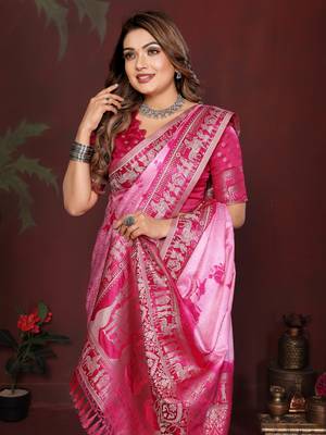 Rani Pink Color With Zari Weaving Sibory Soft Satin Silk Saree 1