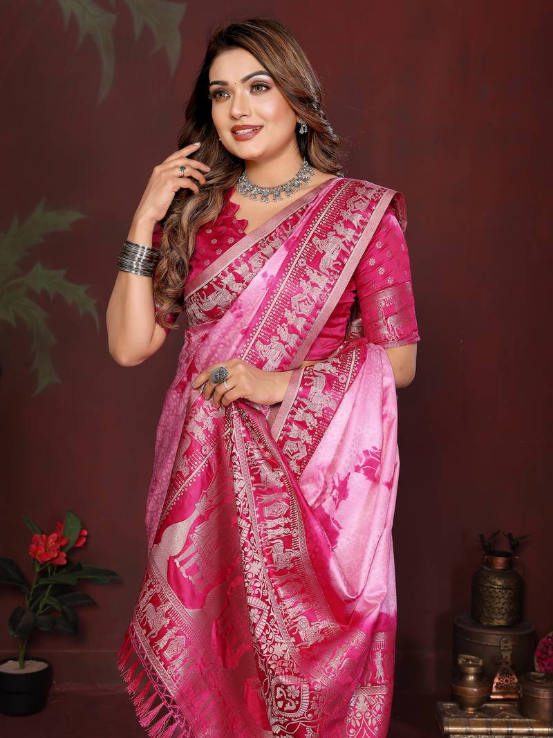 Rani Pink Color With Zari Weaving Sibory Soft Satin Silk Saree