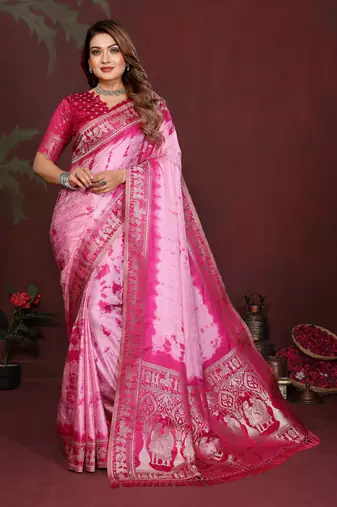 Rani Pink Color With Zari Weaving Sibory Soft Satin Silk Saree