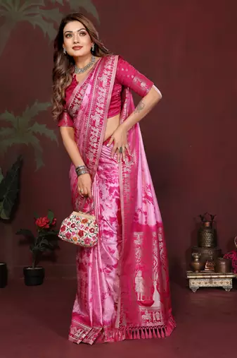 Rani Pink Color With Zari Weaving Sibory Soft Satin Silk Saree