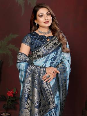 Navy Blue Color With Zari Weaving Sibory Soft Satin Silk Saree 1