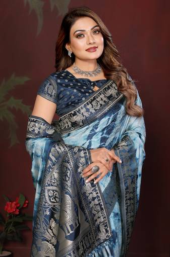 Navy Blue Color With Zari Weaving Sibory Soft Satin Silk Saree