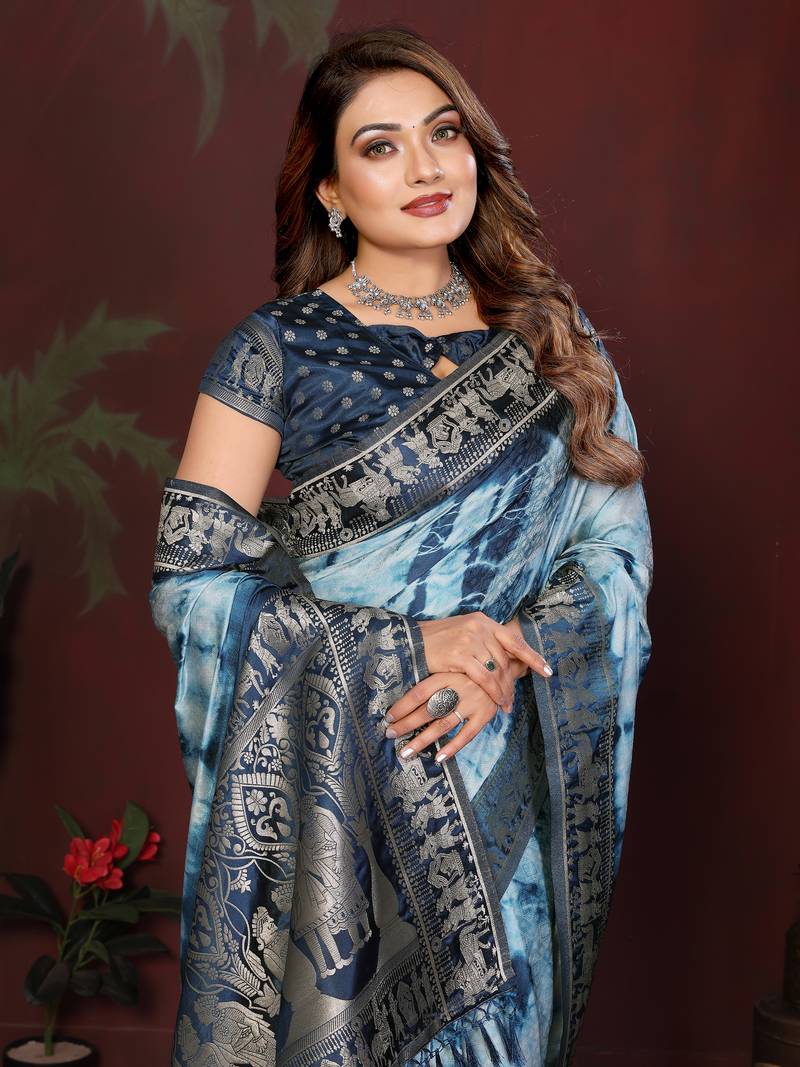 Navy Blue Color With Zari Weaving Sibory Soft Satin Silk Saree