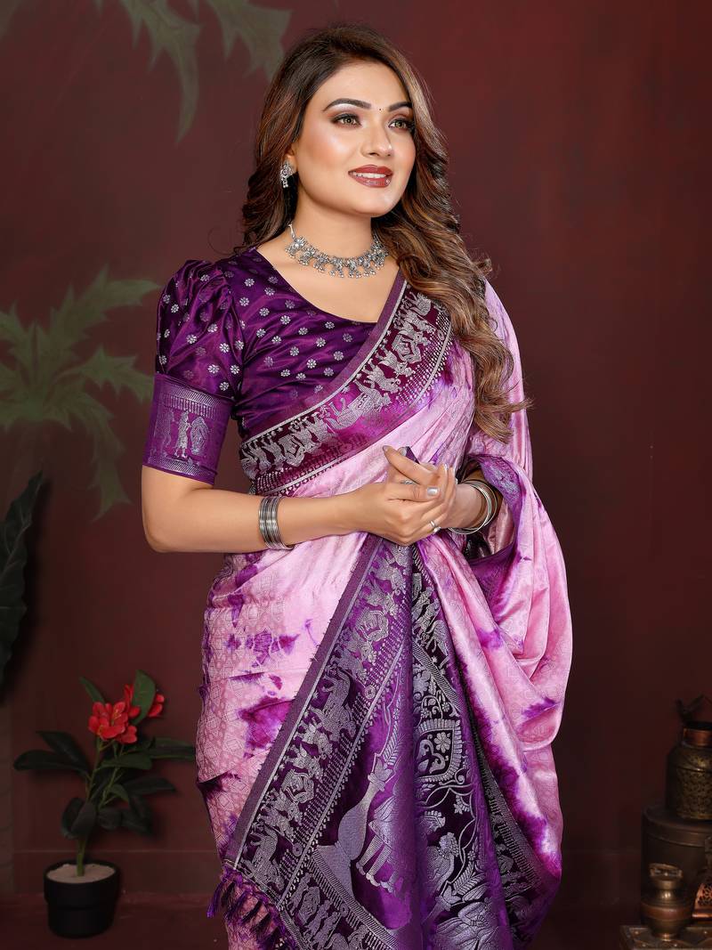 Purple Color With Zari Weaving Sibory Soft Satin Silk Saree