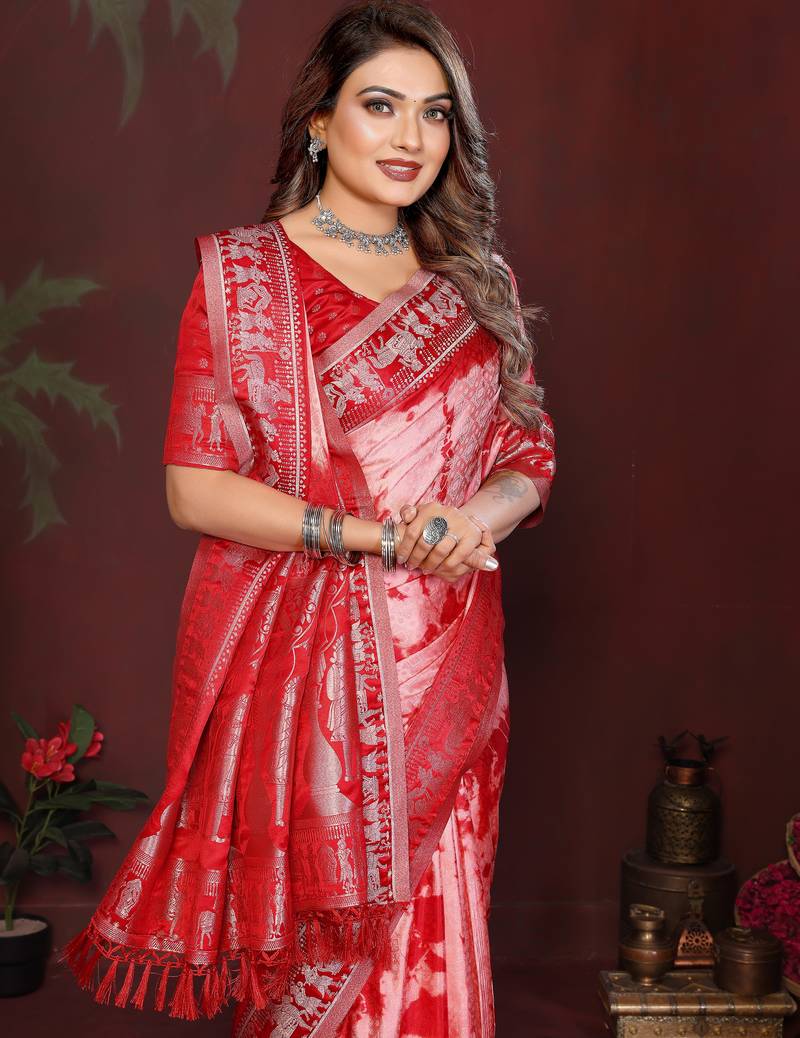 Red Color With Zari Weaving Sibory Soft Satin Silk Saree