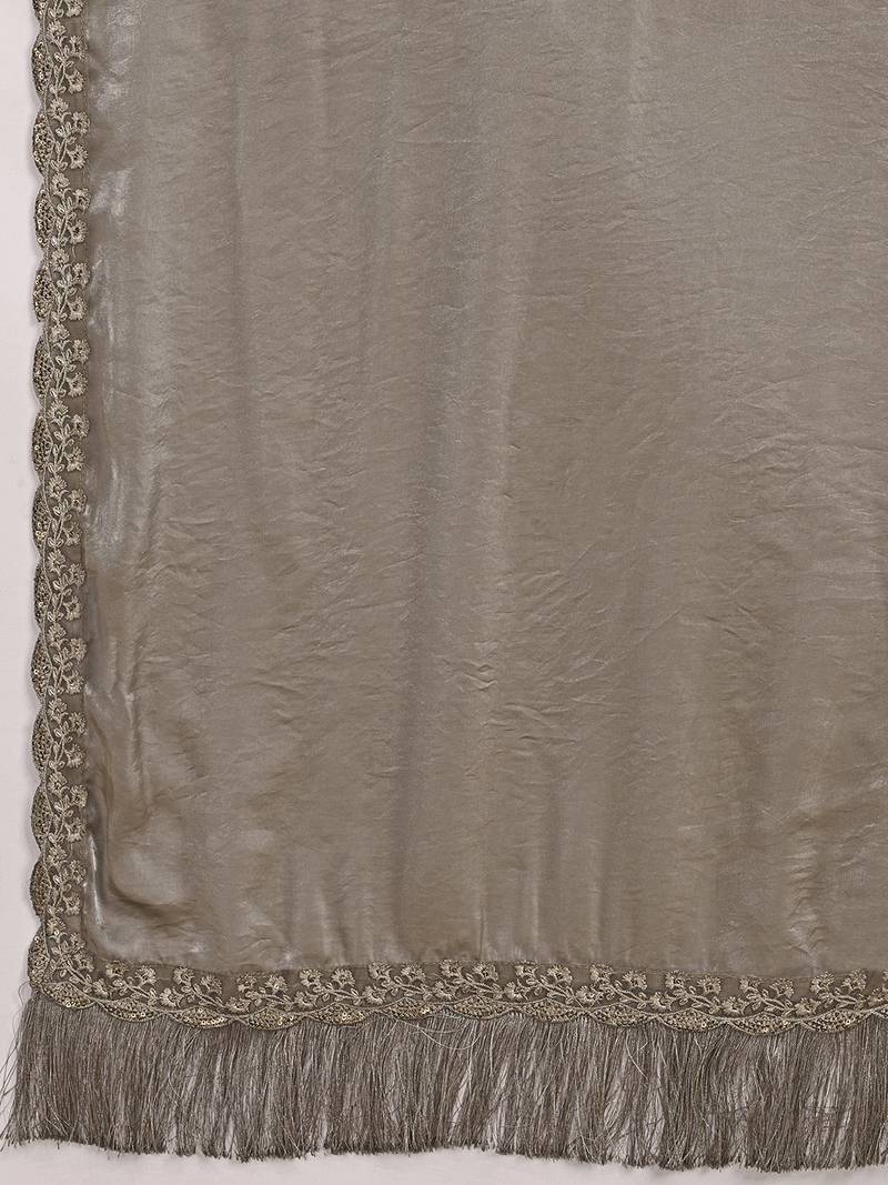 Grey Satin Embroidery With Sequence Work Saree with Unstitched Shrug and Blouse