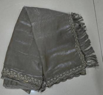 Grey Satin Embroidery With Sequence Work Saree with Unstitched Shrug and Blouse 6