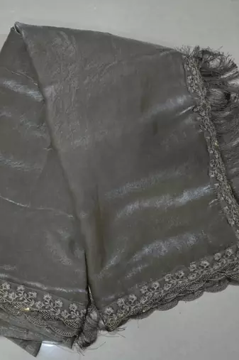 Grey Satin Embroidery With Sequence Work Saree with Unstitched Shrug and Blouse