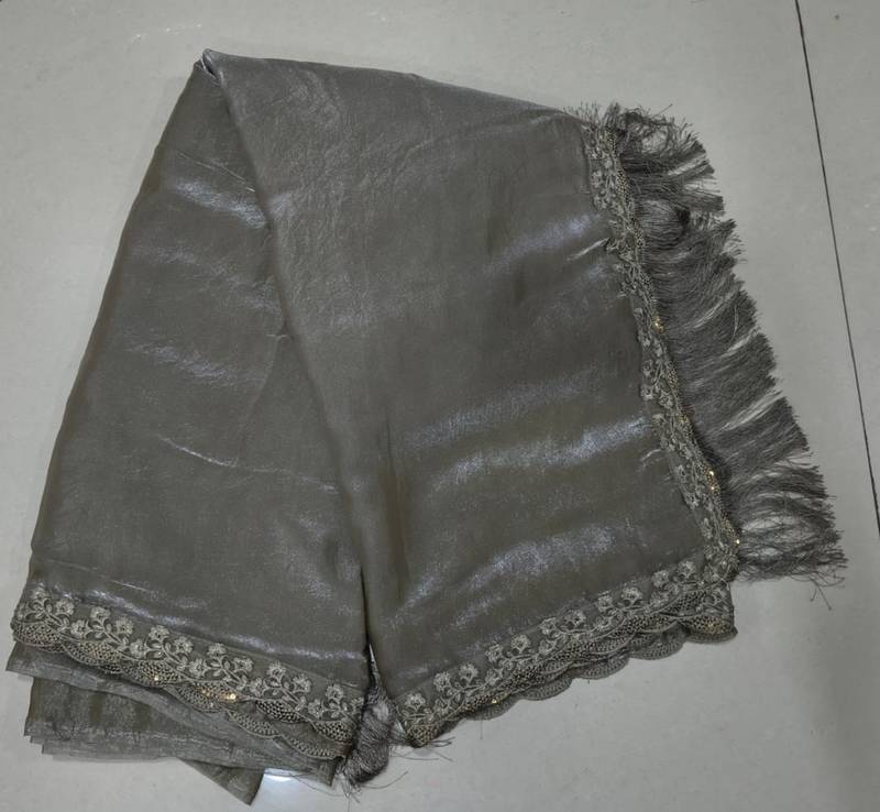 Grey Satin Embroidery With Sequence Work Saree with Unstitched Shrug and Blouse