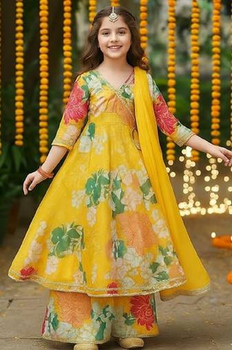 New designer printed yellow color kids girls kurta with dupatta and sharara set