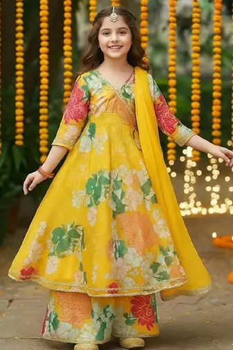 New designer printed yellow color kids girls kurta with dupatta and sharara set