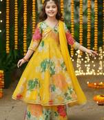 New designer printed yellow color kids girls kurta with dupatta and sharara set