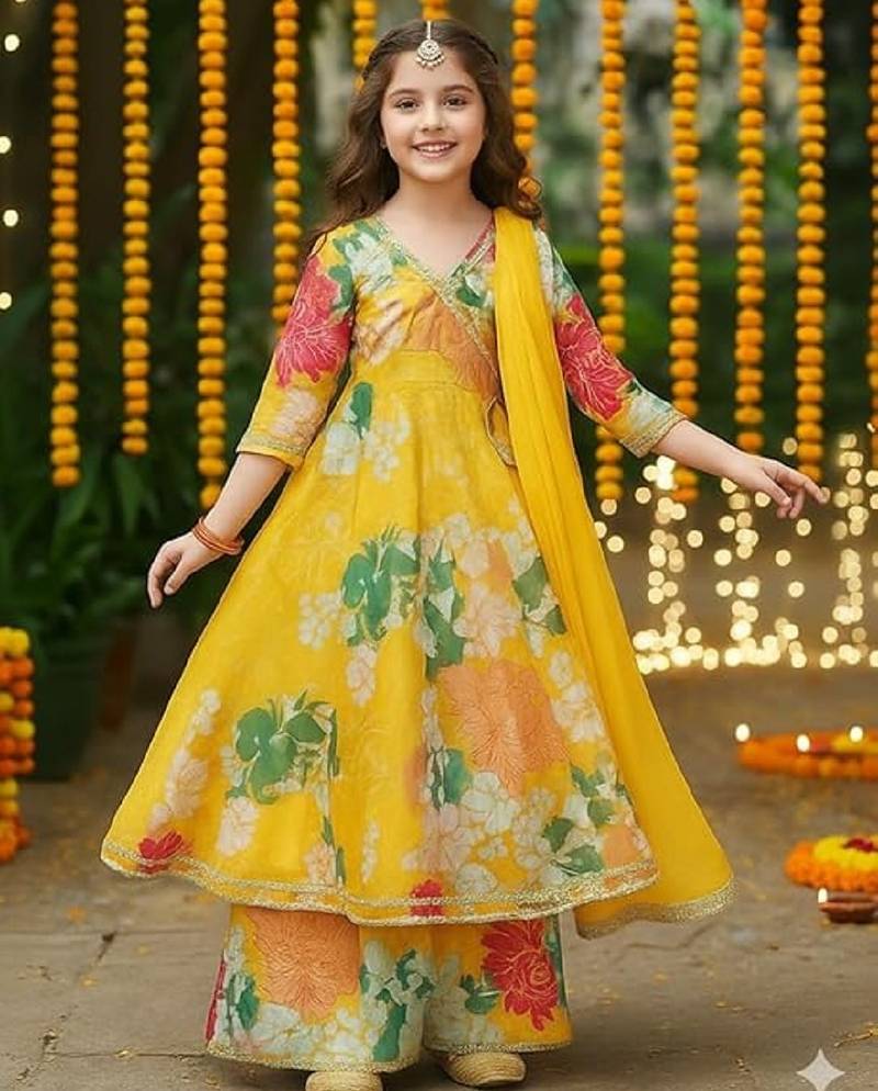 New designer printed yellow color kids girls kurta with dupatta and sharara set