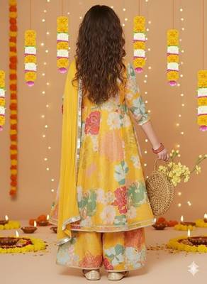 New designer printed yellow color kids girls kurta with dupatta and sharara set 2