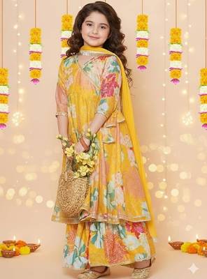 New designer printed yellow color kids girls kurta with dupatta and sharara set 3