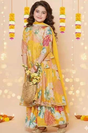 New designer printed yellow color kids girls kurta with dupatta and sharara set