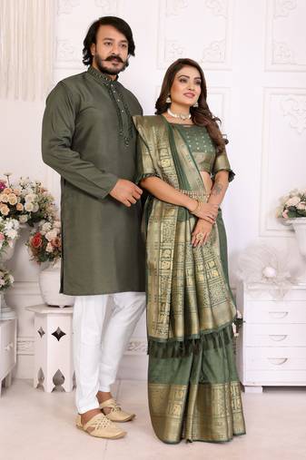 Green silk couple set kurta and saree with jacquard border