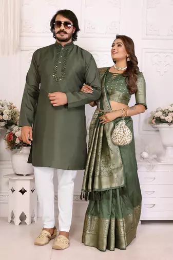 Green silk couple set kurta and saree with jacquard border