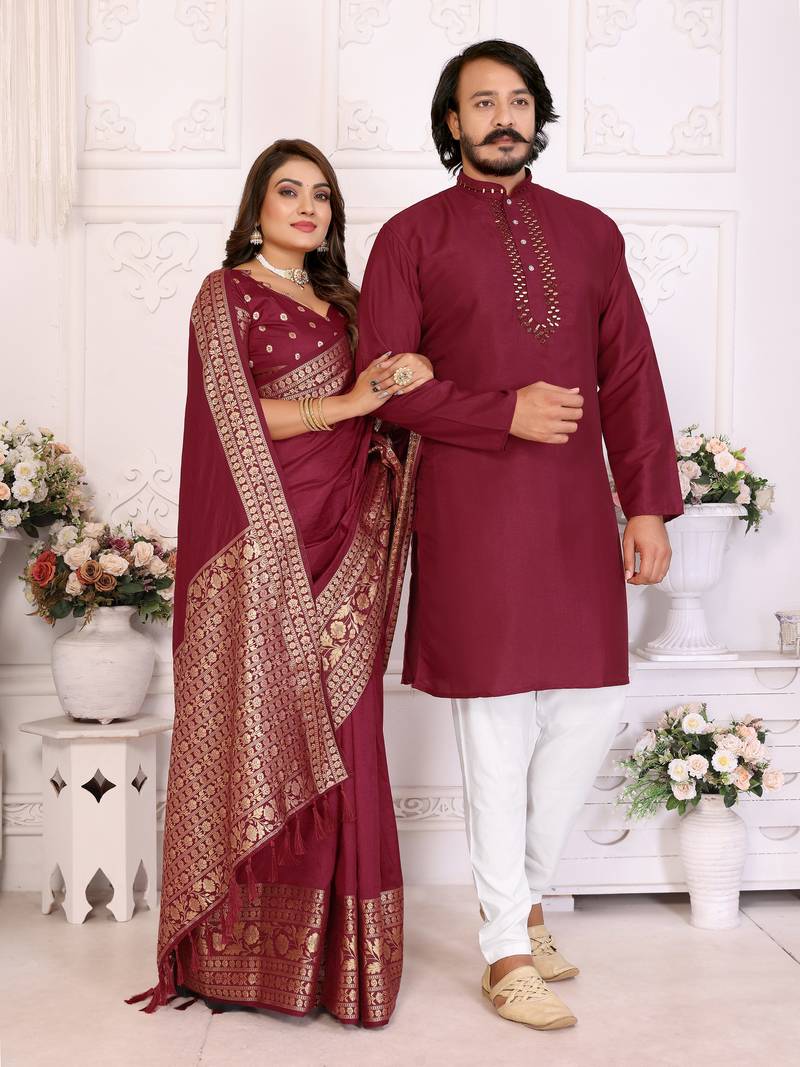 Maroon silk couple set kurta and saree with jacquard border