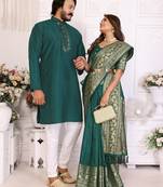 Teal green silk couple set kurta and saree with jacquard border