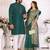 Teal green silk couple set kurta and saree with jacquard border