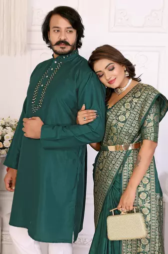 Teal green silk couple set kurta and saree with jacquard border