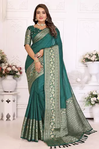 Teal green silk couple set kurta and saree with jacquard border