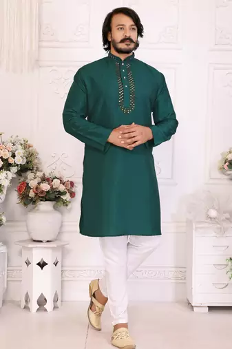 Teal green silk couple set kurta and saree with jacquard border