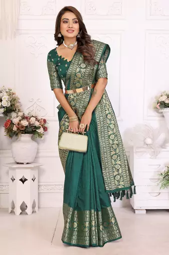 Teal green silk couple set kurta and saree with jacquard border