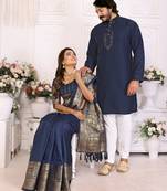 Navy blue silk couple set kurta and saree with jacquard border