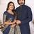 Navy blue silk couple set kurta and saree with jacquard border