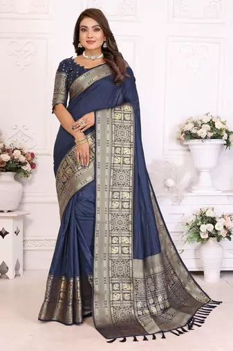 Navy blue silk couple set kurta and saree with jacquard border