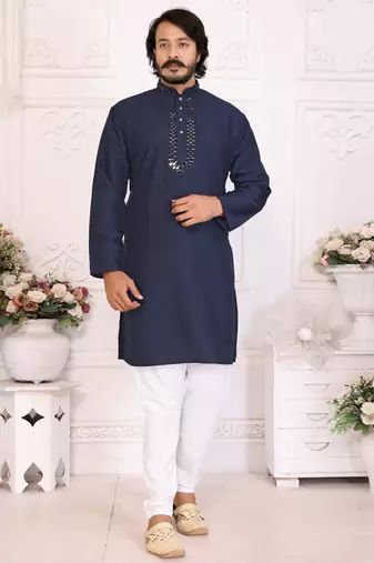 Navy blue silk couple set kurta and saree with jacquard border