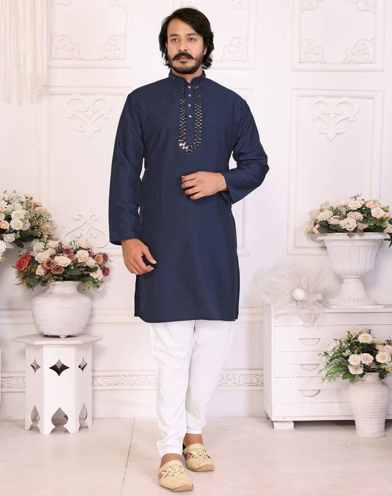Navy blue silk couple set kurta and saree with jacquard border