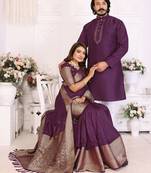 Wine silk couple set kurta and saree with jacquard border