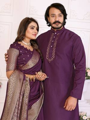 Wine silk couple set kurta and saree with jacquard border 2