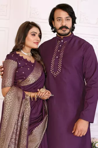 Wine silk couple set kurta and saree with jacquard border