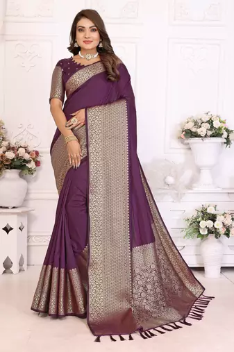 Wine silk couple set kurta and saree with jacquard border